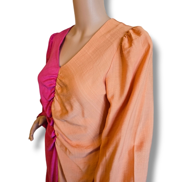 Women's Two Tones Flounce Sleeve Ruched Dress Pink/ Orange Peach - Picture 4 of 16